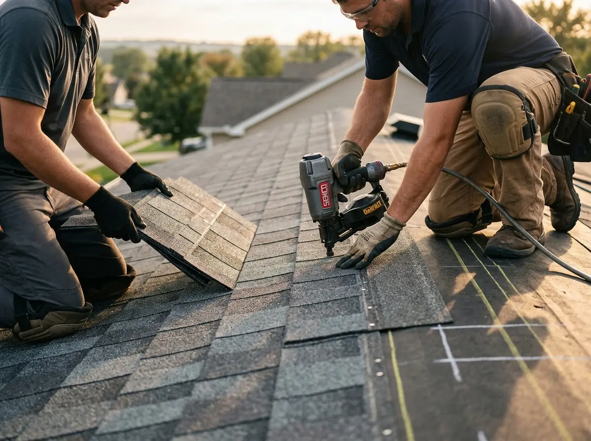 Professional roofer working on a residential roof in Allegan